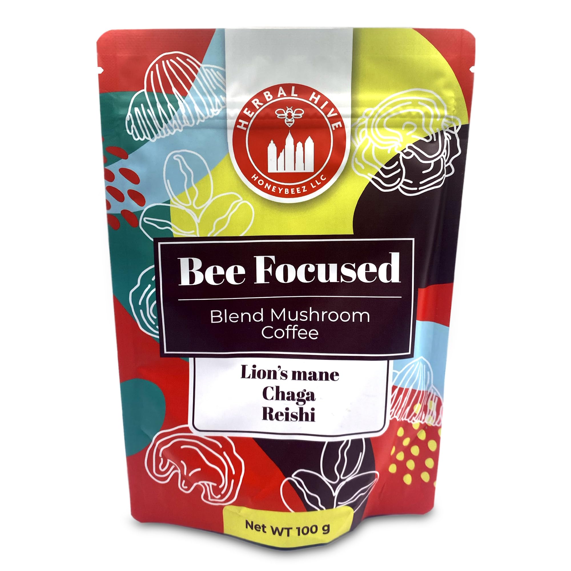 Front label of Herbal Hive Bee Focused Mushroom Coffee packaging