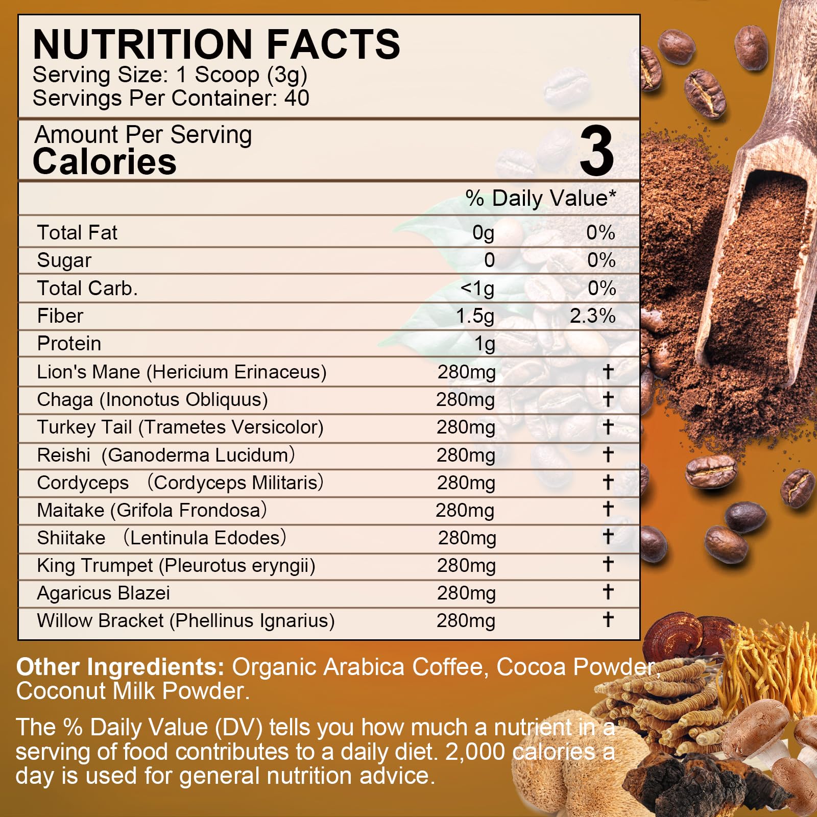 Instant mushroom coffee brew with cocoa and mushrooms