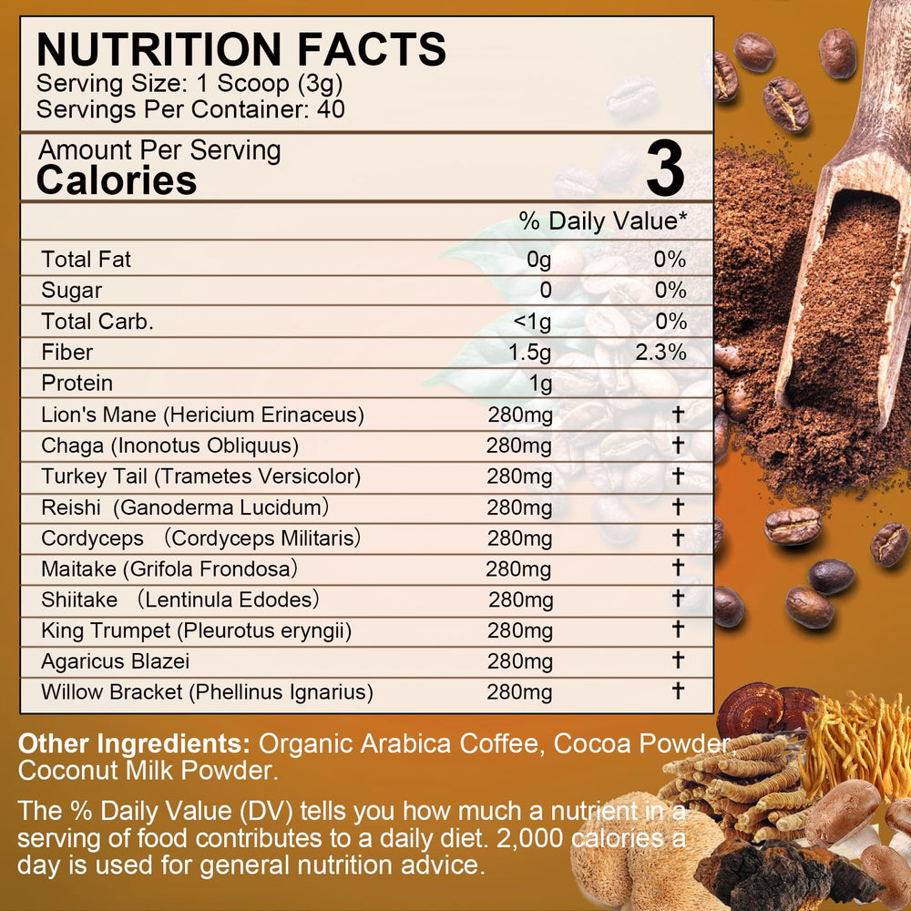 Instant mushroom coffee brew with cocoa and mushrooms