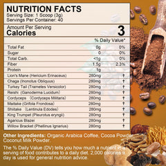 Instant mushroom coffee brew with cocoa and mushrooms