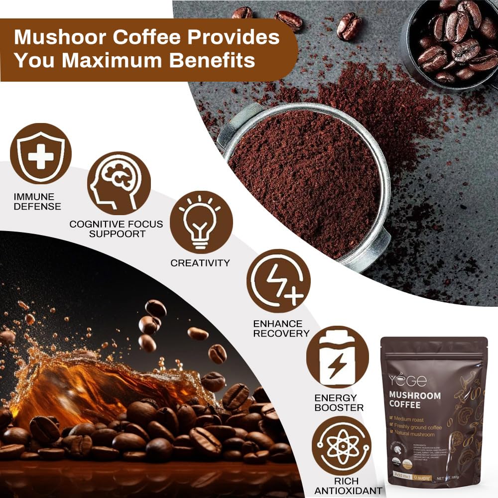 Easy-brew instant mushroom coffee powder for hot or iced beverages.