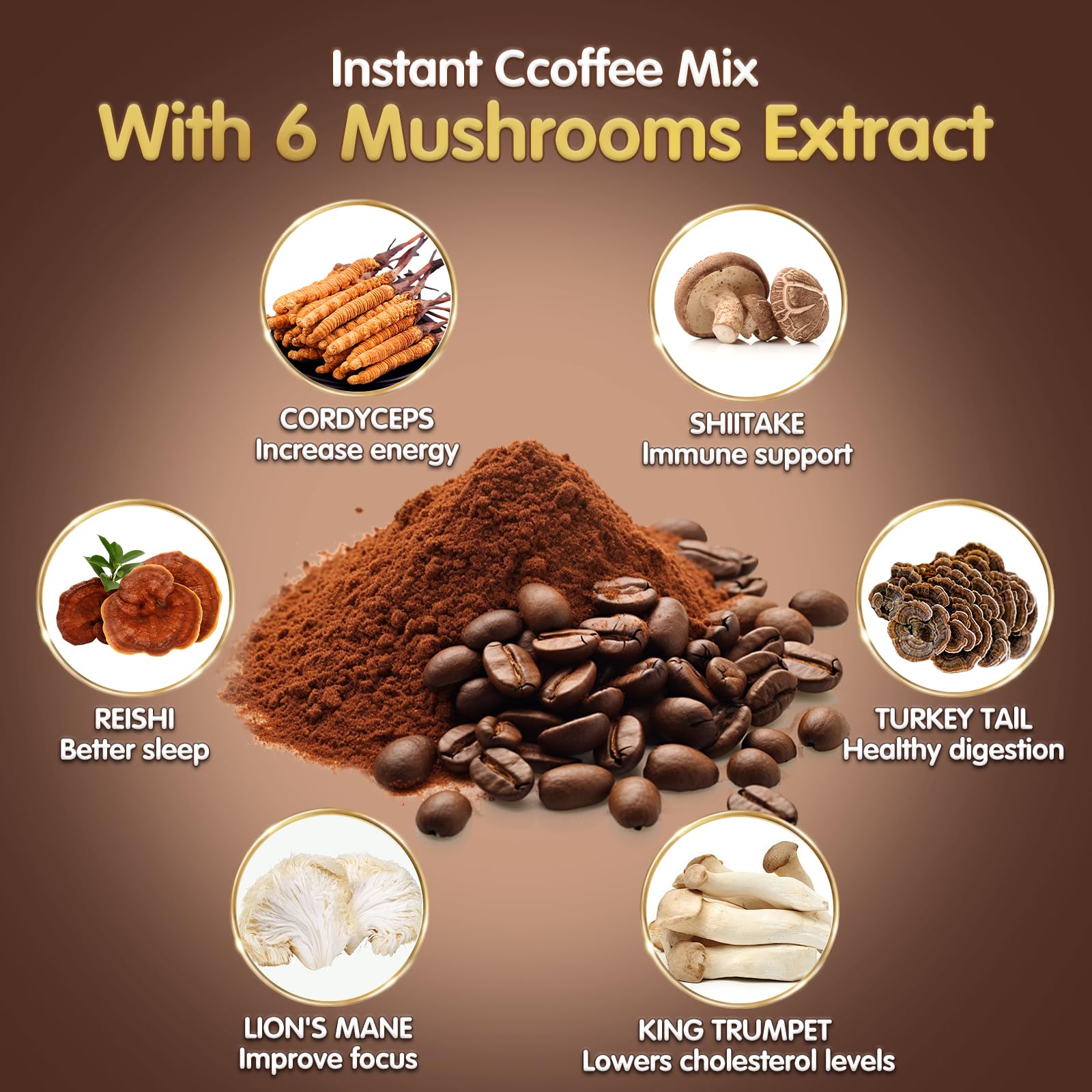 Instant coffee powder with packaging of mushroom coffee