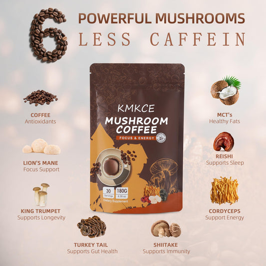Instant mushroom coffee powder in a jar on a kitchen setup