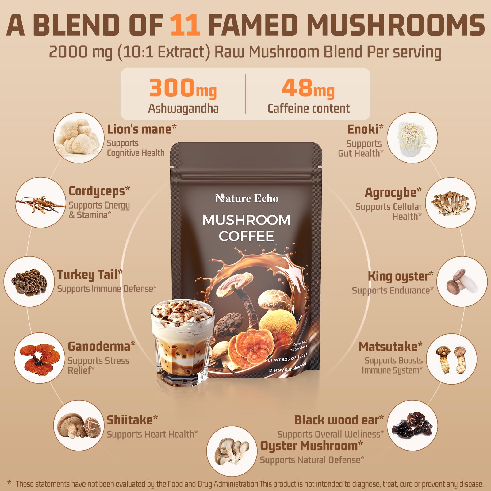 Mushroom blend with Lion's Mane, Turkey Tail, Cordyceps and Ganoderma