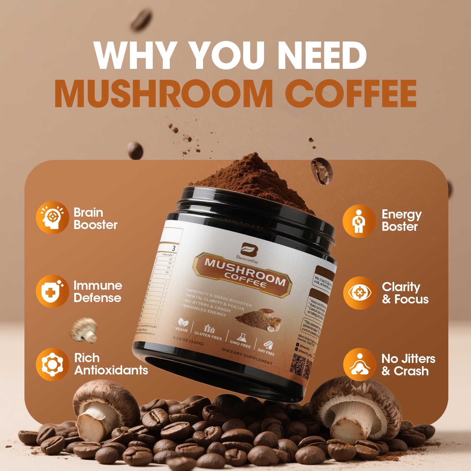 Mushroom coffee blend with cocoa and coconut powder