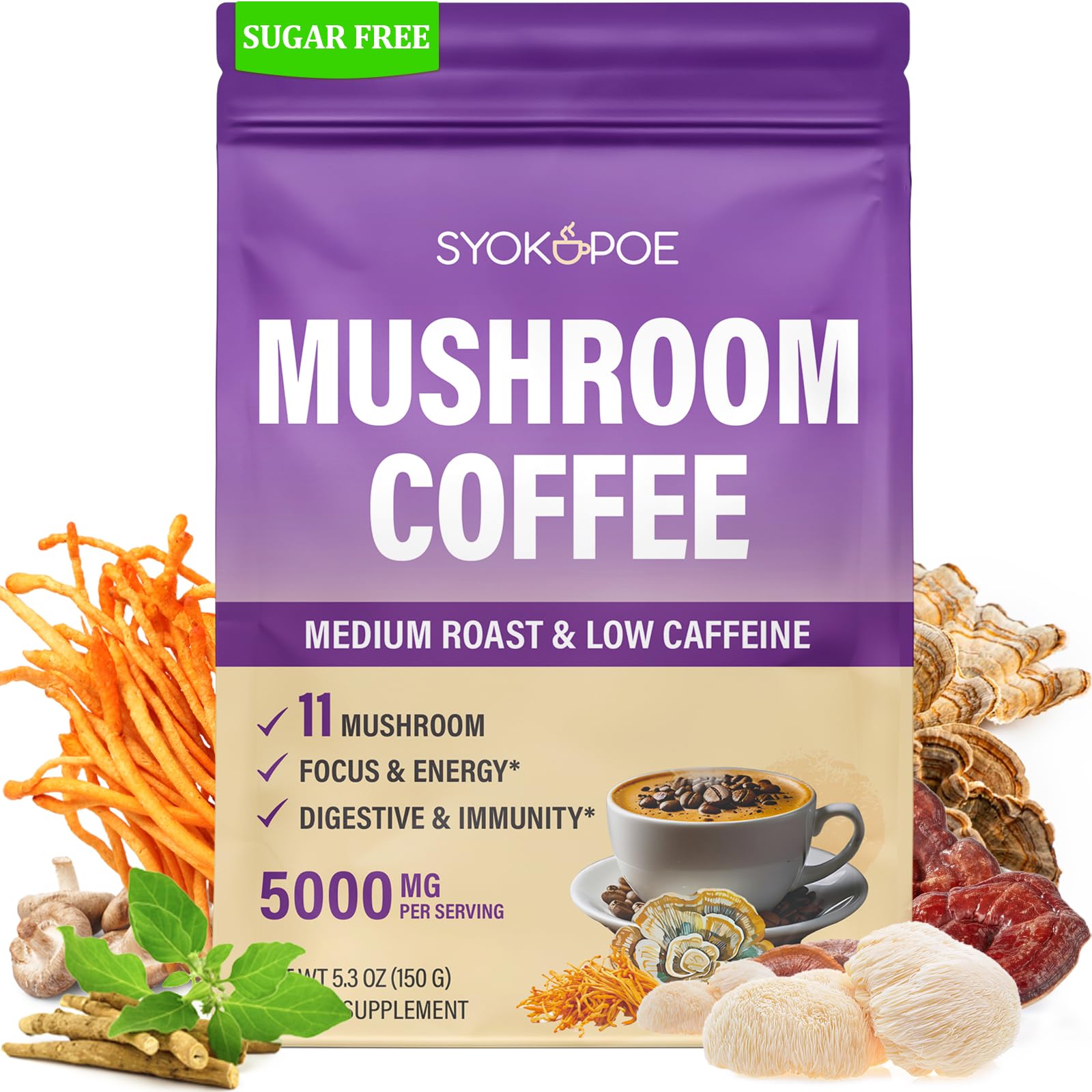Organic mushroom coffee packaging showing 11 mushrooms and 8 adaptogens