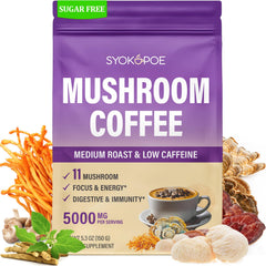 Organic mushroom coffee packaging showing 11 mushrooms and 8 adaptogens