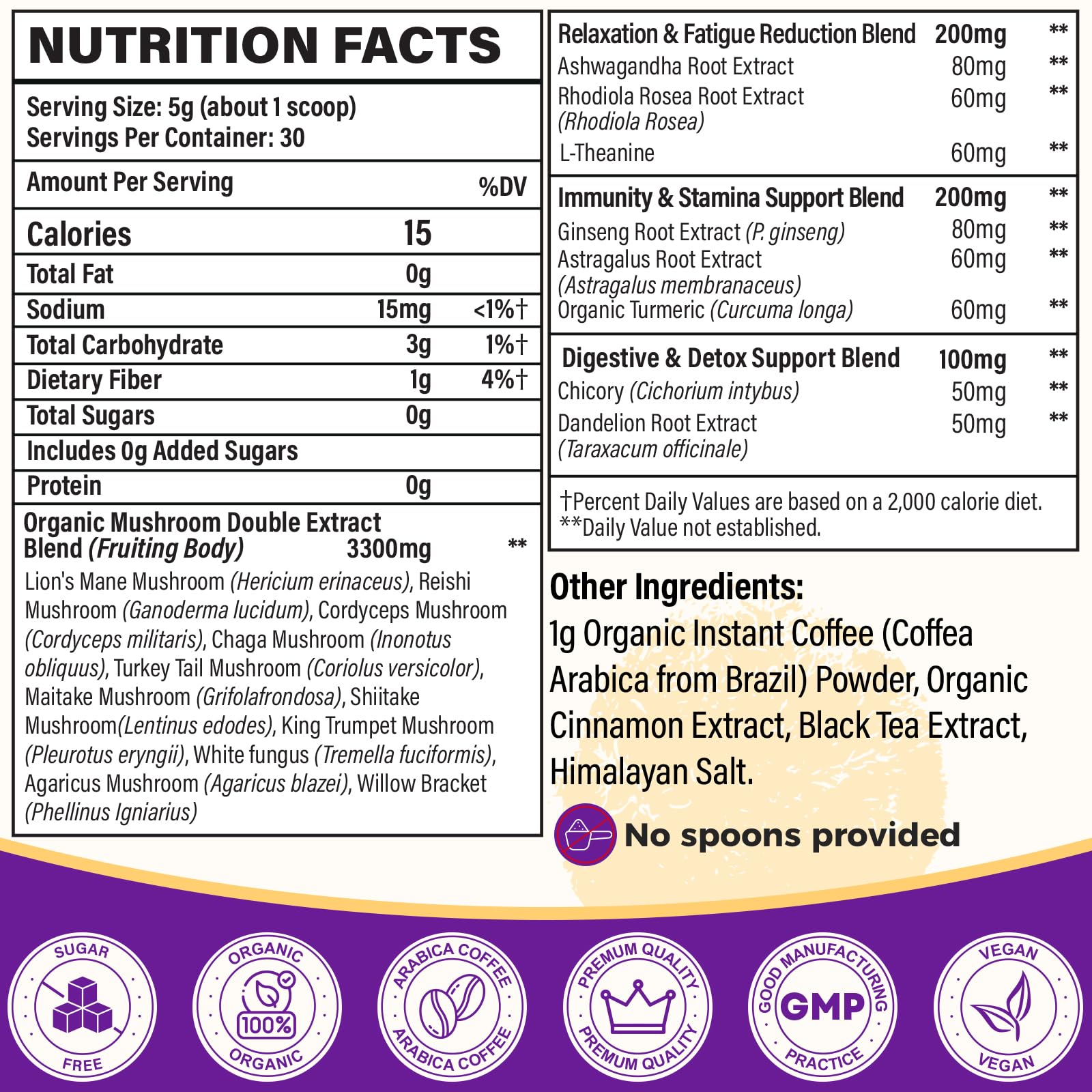 Product box and individual sachets of gluten-free mushroom coffee