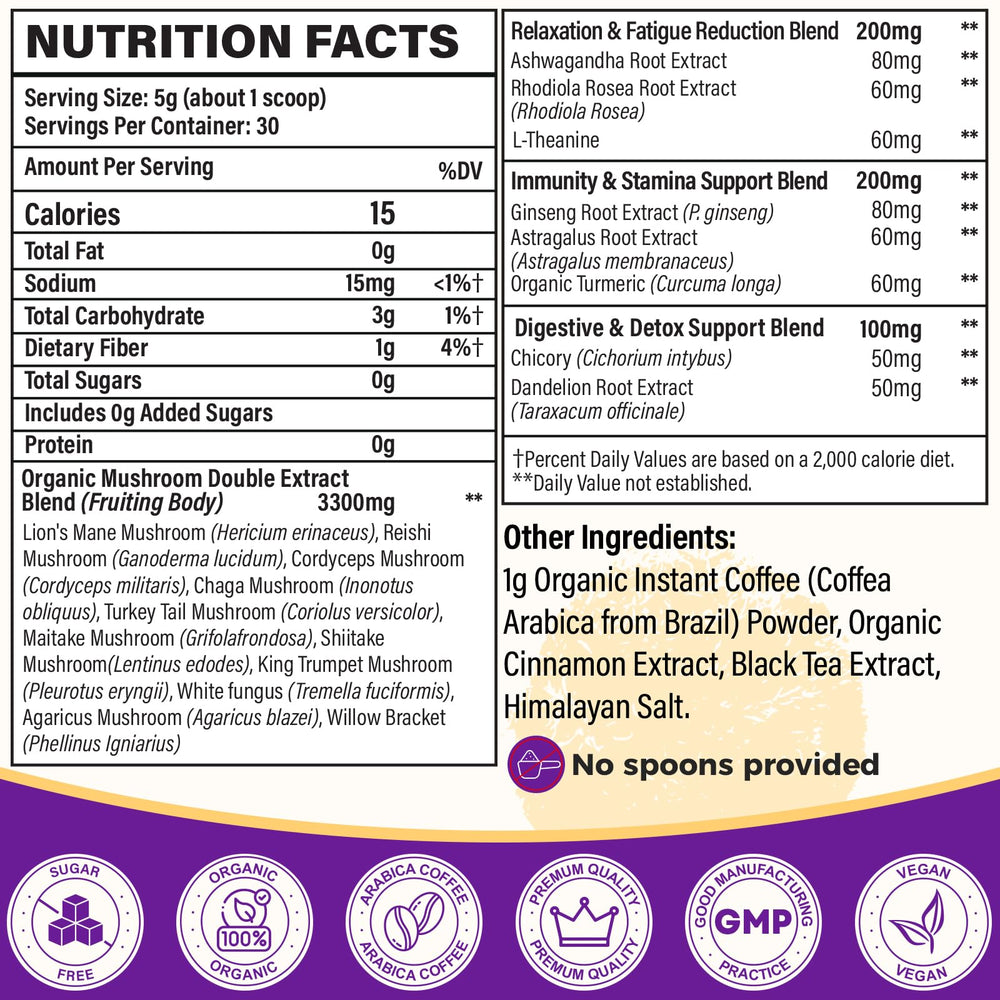 Product box and individual sachets of gluten-free mushroom coffee