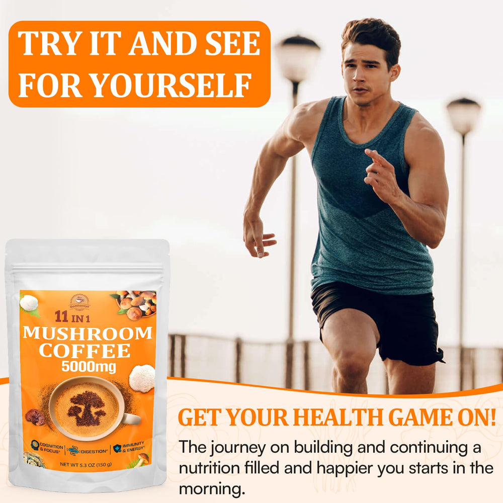 Packaging image showing organic mushroom coffee jar