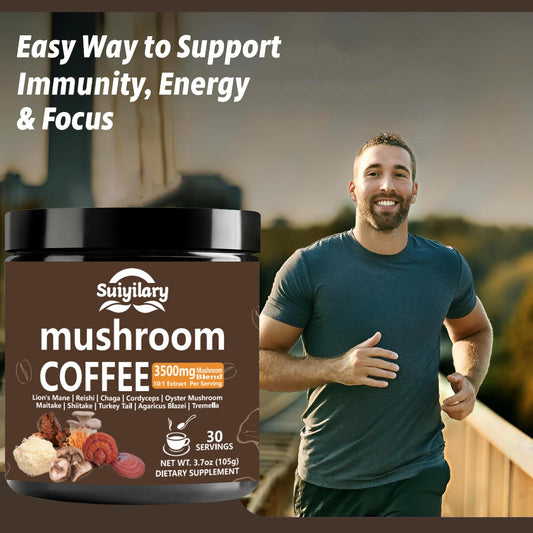 Scoop of mushroom coffee powder showing 3500mg raw-mushroom equivalent