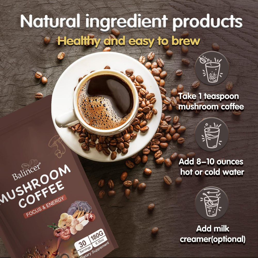 Packaging showing 30 servings of mushroom coffee