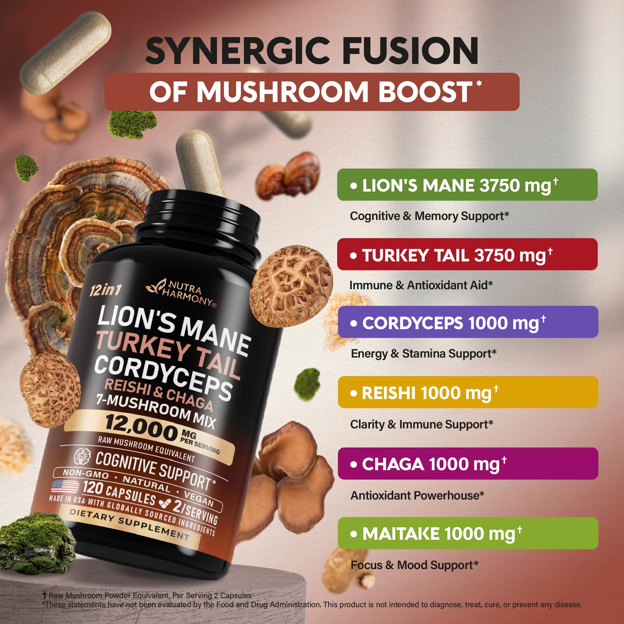 Chaga, Maitake, Shiitake and Meshima mushrooms in capsules