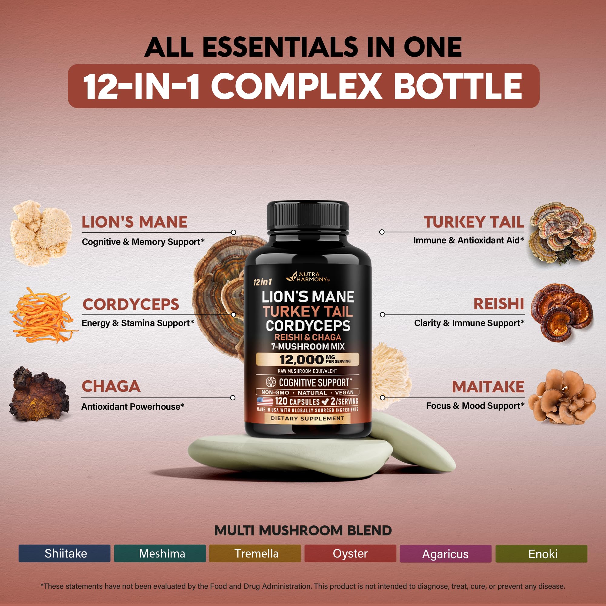 High-potency vegan mushroom capsules, USA made