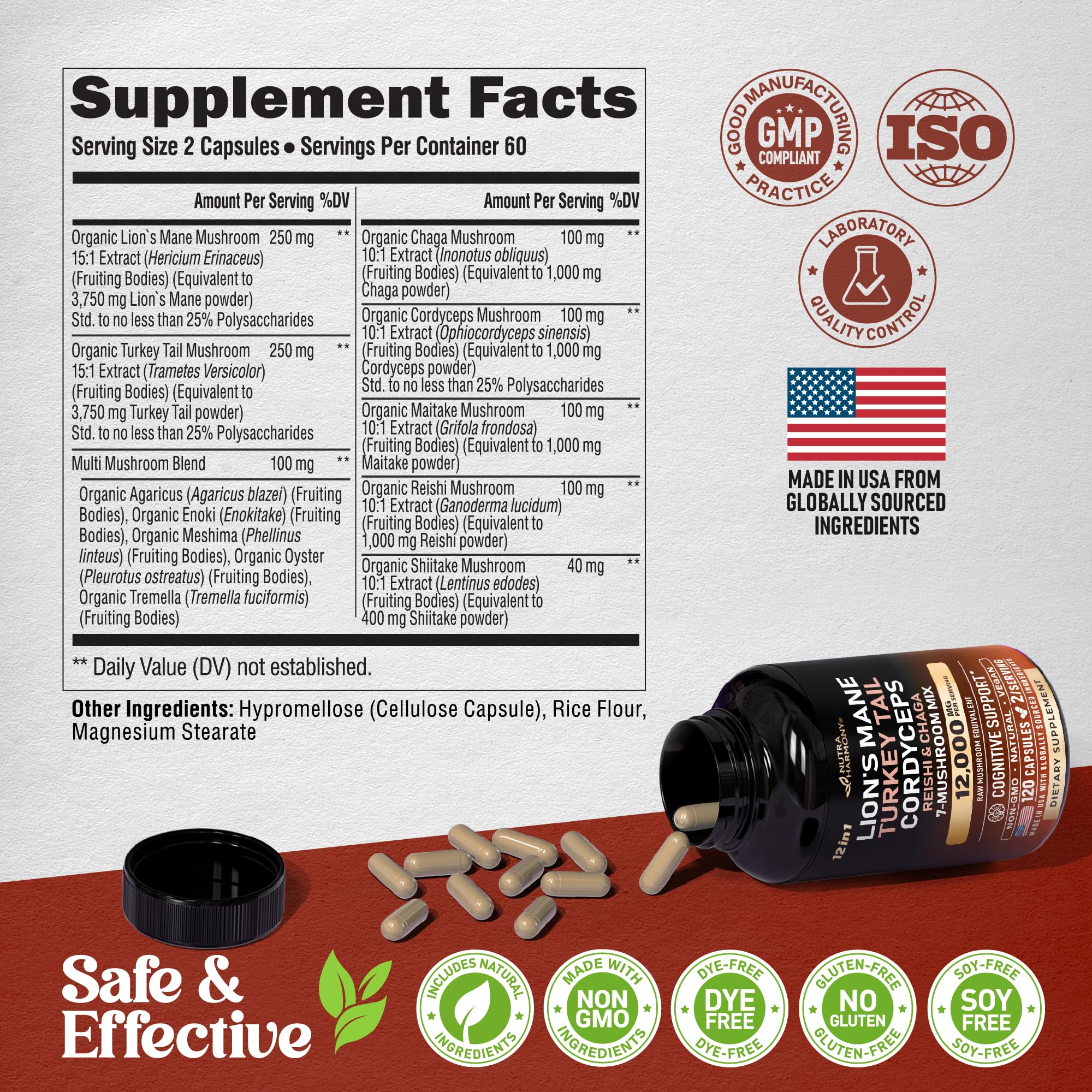 Gluten-free, non-GMO mushroom capsules label