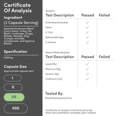 Mushroom Complex nutrition facts and icons including Non-GMO and Gluten-Free