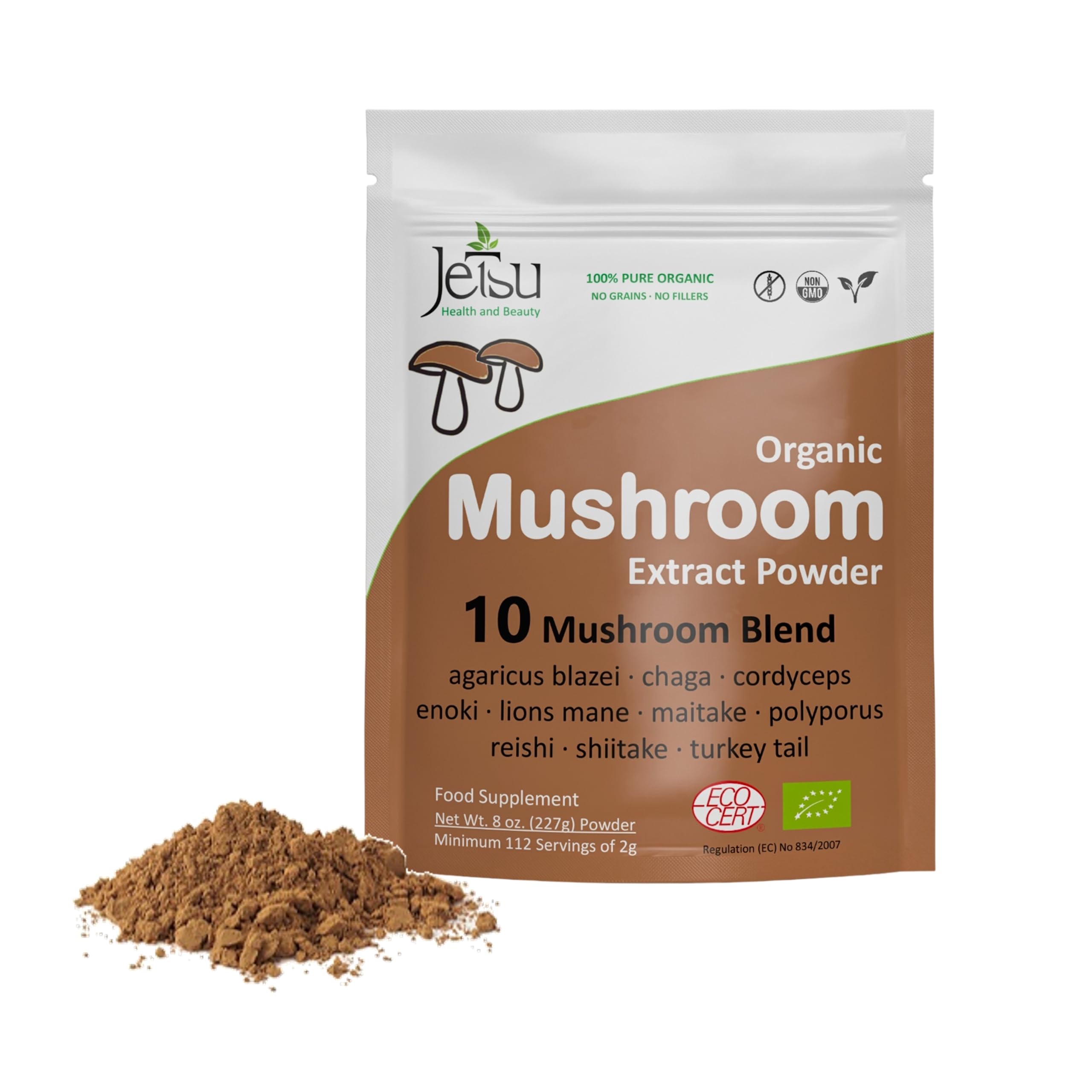 Product bottle showing 10-Blend Organic Mushroom Extract