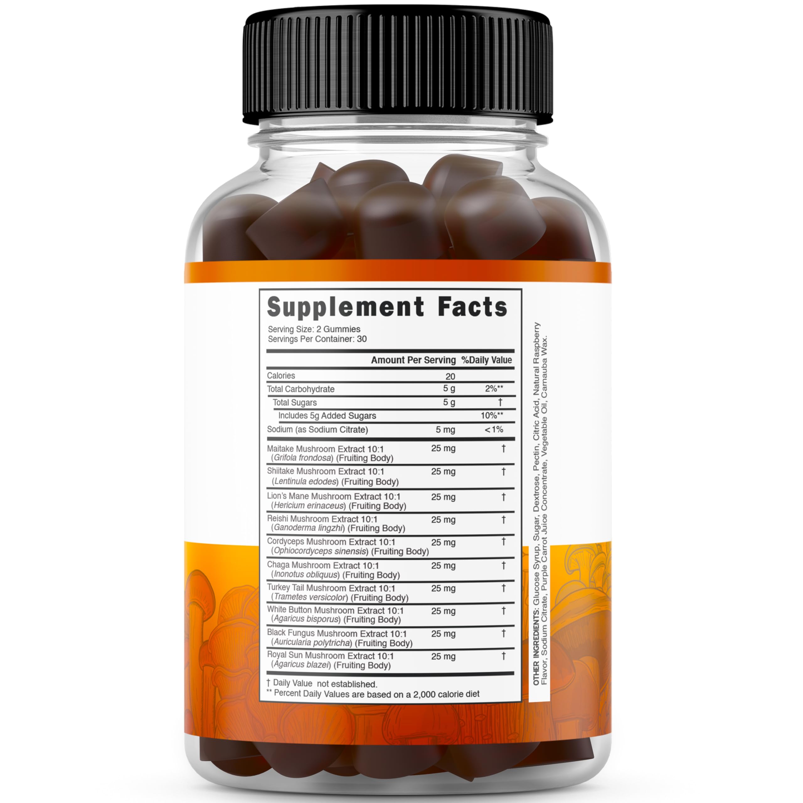 Back view of Mushroom Gummies bottle showing supplement facts