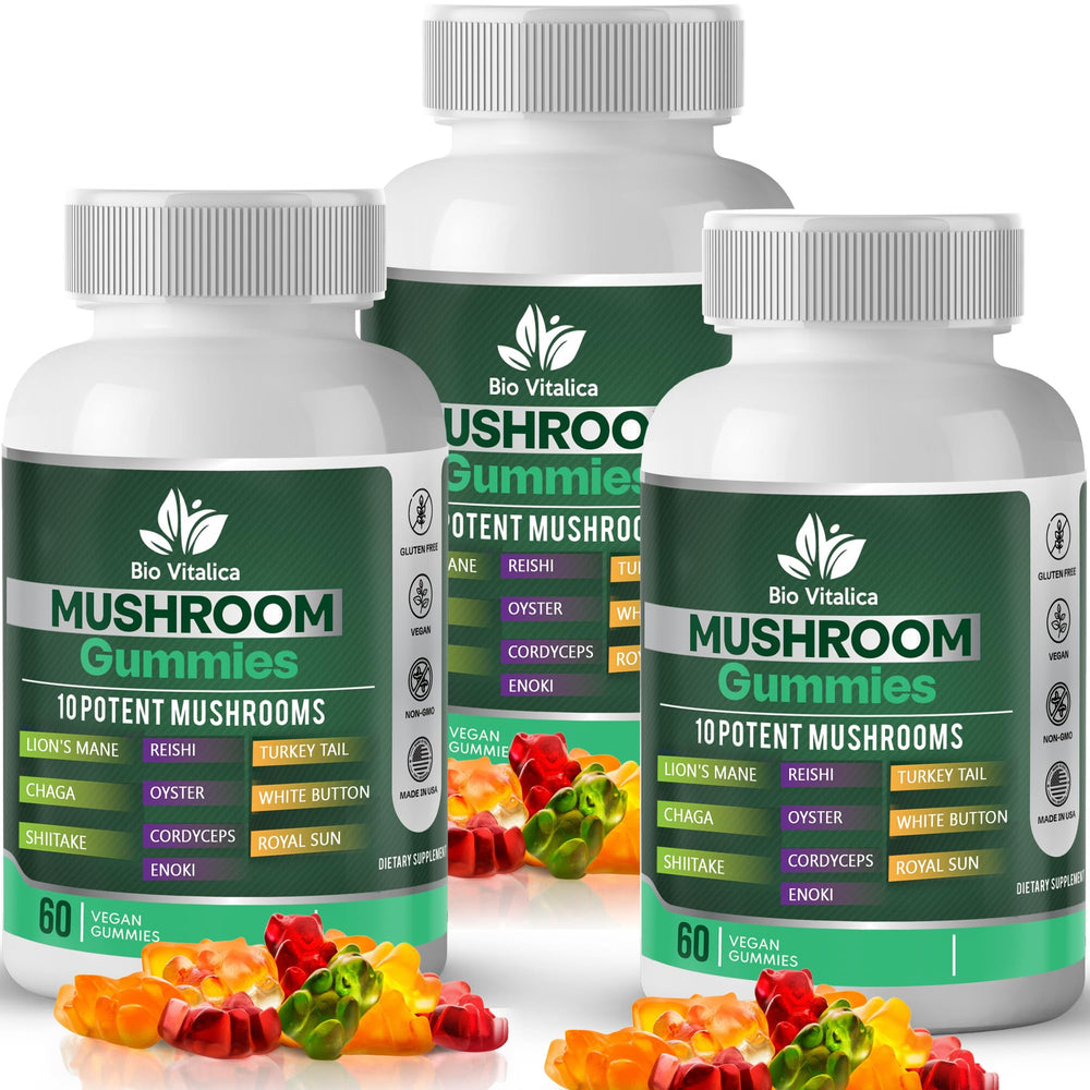 Front view of Mushroom Gummies bottle featuring 10-mushroom complex