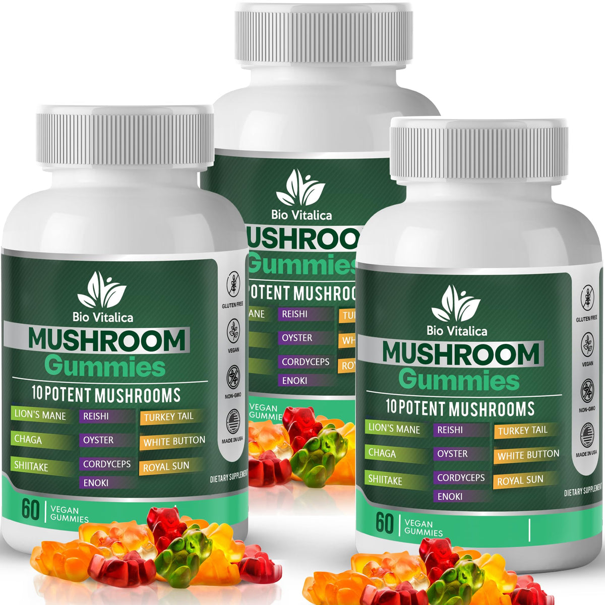 Front view of Mushroom Gummies bottle featuring 10-mushroom complex