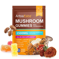Close-up of Mushroom Gummies 2500mg packaging and gummies