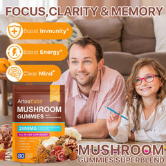 Assorted mushroom gummies showing Reishi, Cordyceps and Lions Mane ingredients