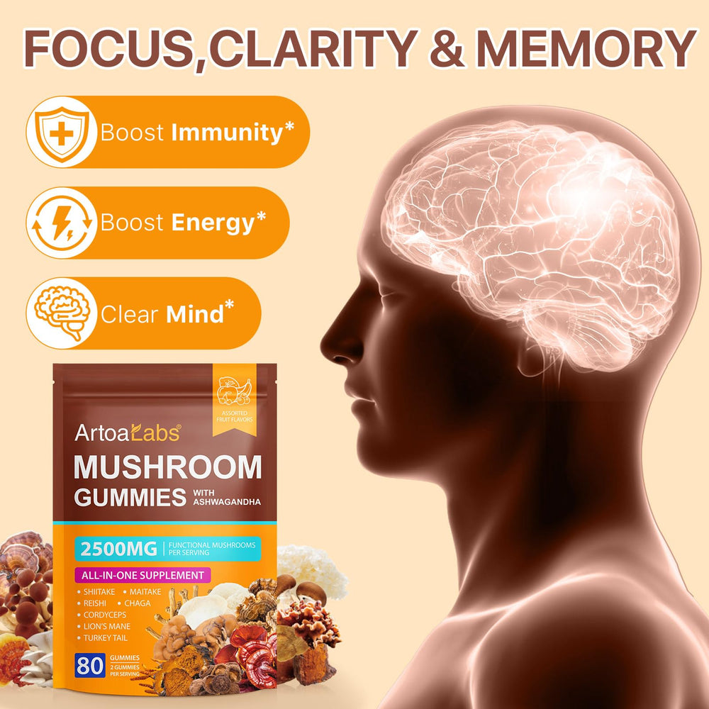 Gummies on a white background illustrating energy and focus benefits
