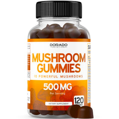 Dorado Nutrition Mushroom Gummies bottle featuring 120 gummies and 10-mushroom blend