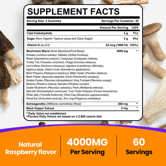 Bottle containing 120-count Mushroom Gummies for Adults