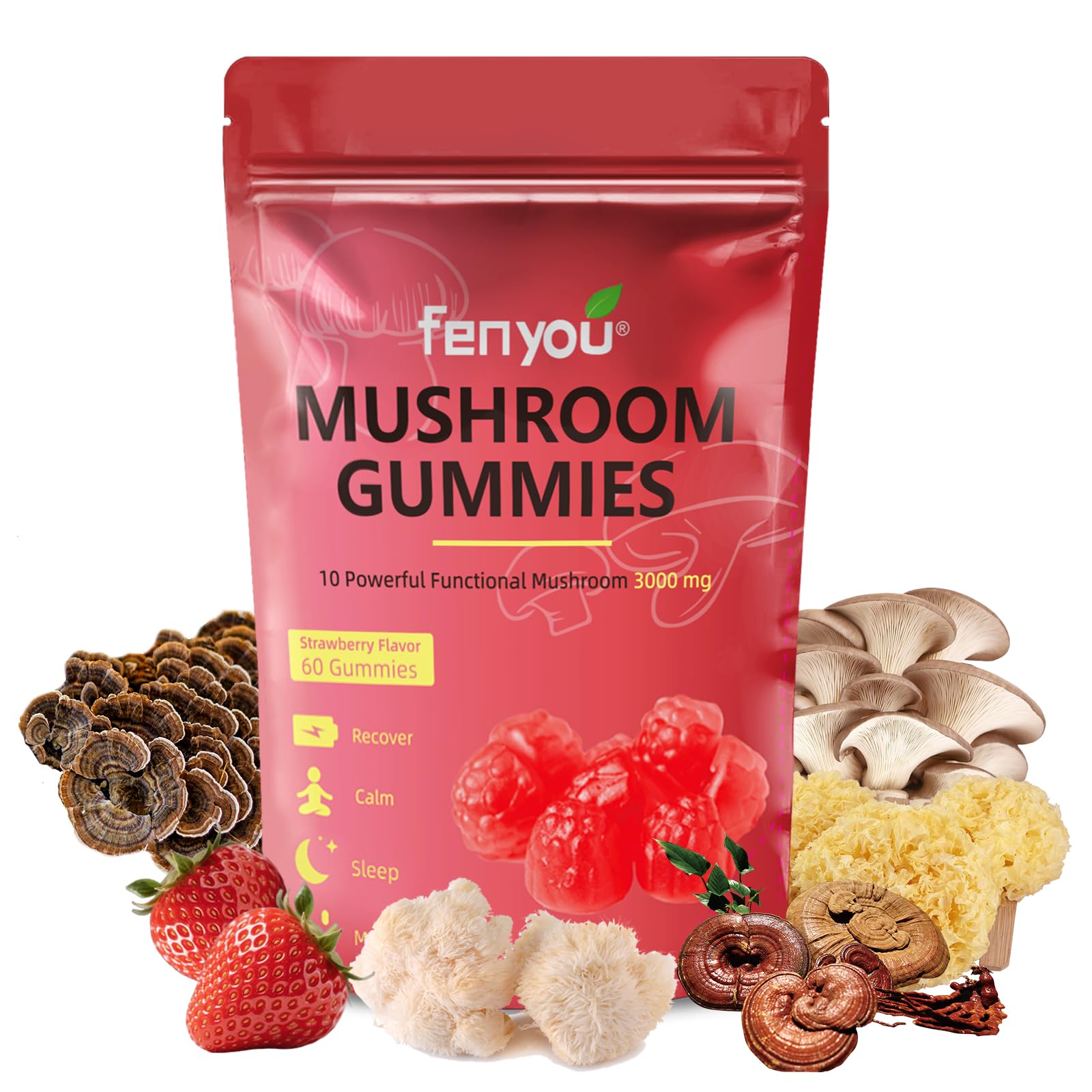 Front view of Mushroom Gummies bottle showing 60 count and vegan strawberry flavor
