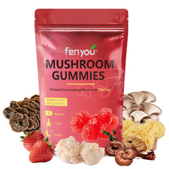 Front view of Mushroom Gummies bottle showing 60 count and vegan strawberry flavor