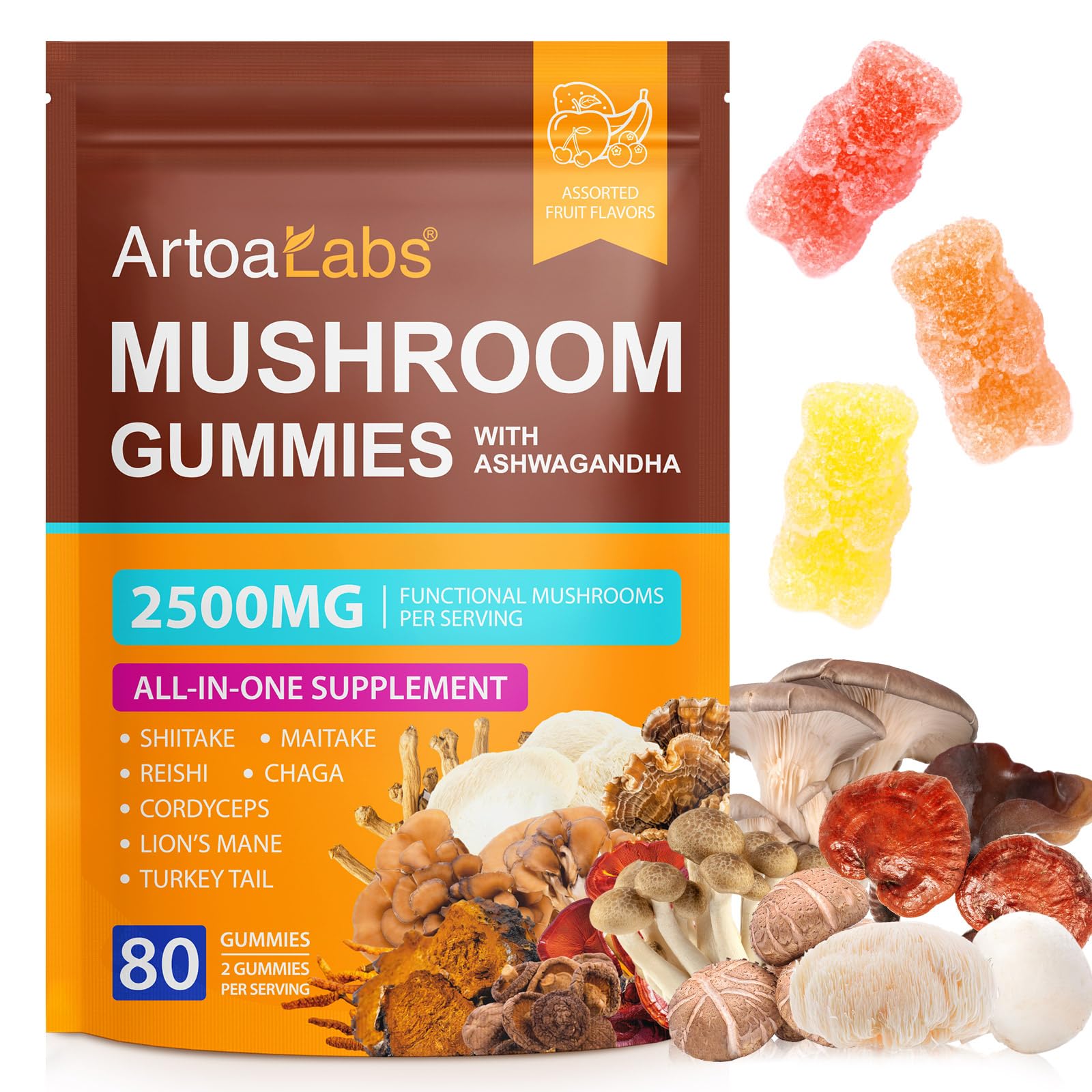Bottle label displaying Mushroom Gummies for Adults with Lion's Mane, Reishi, Cordyceps, and other mushrooms