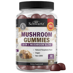 Mushroom Gummies for Adults – Raspberry flavor in a 60-count bottle