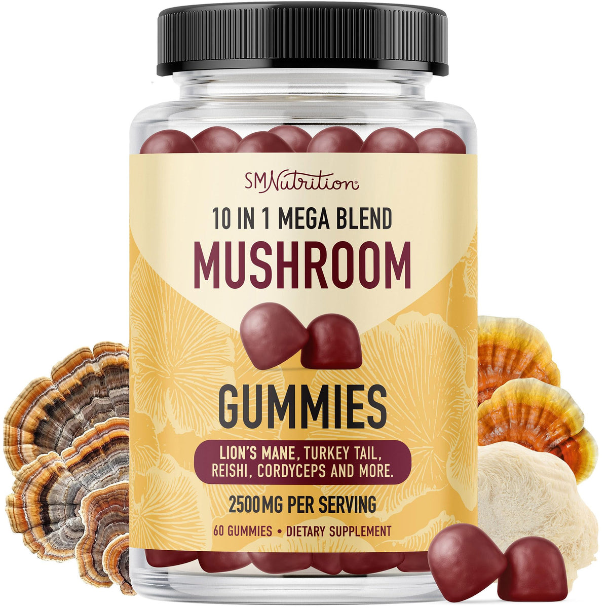 Mushroom Gummies for Adults Raspberry flavor bottle label