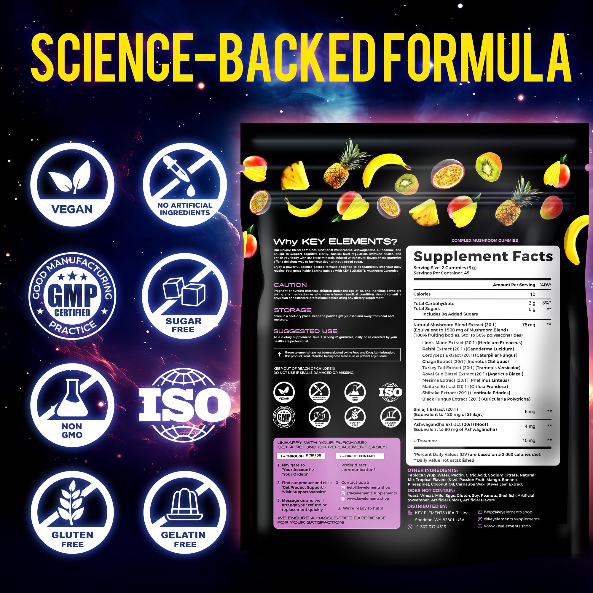 Vegan, gluten-free mushroom gummy ingredients list and label