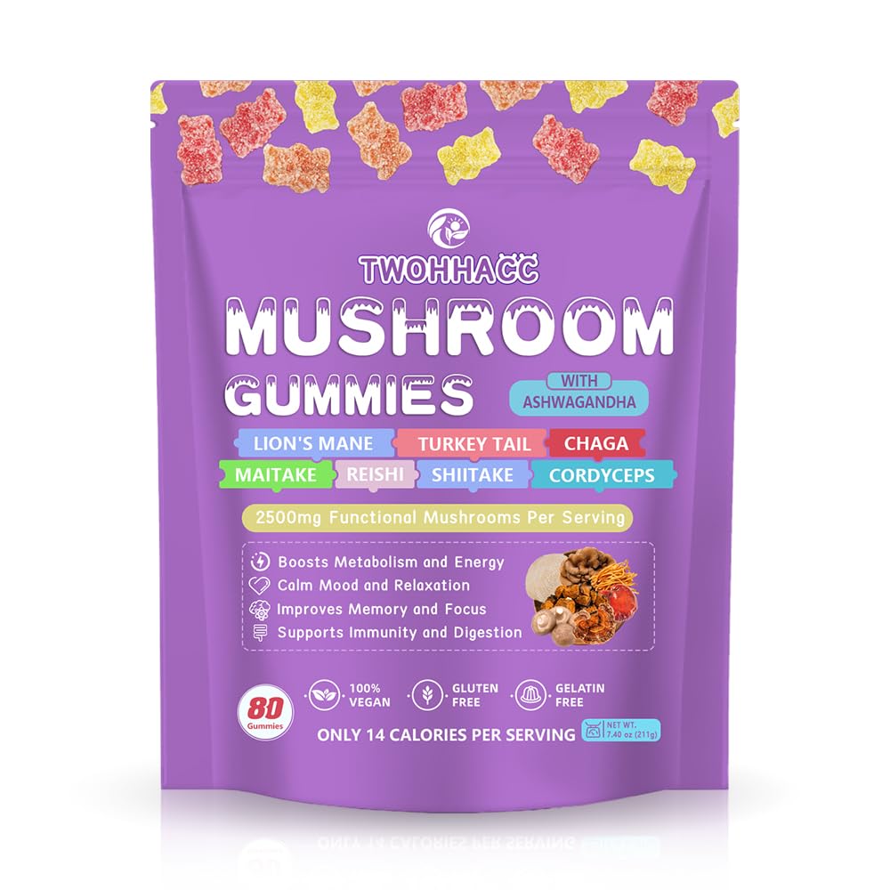 Product image showing mushroom gummies with ashwagandha and Lions Mane