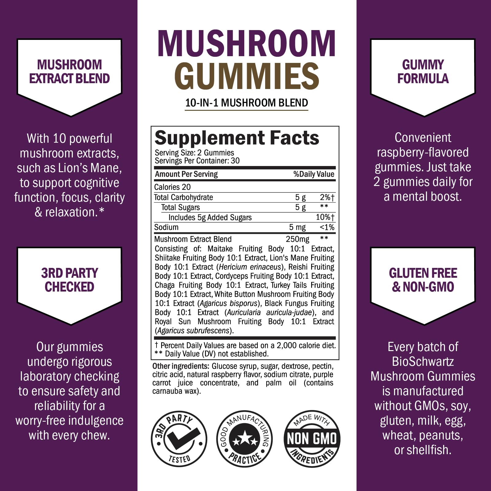 Illustration of mushroom blend: Lions Mane, Turkey Tail, Cordyceps