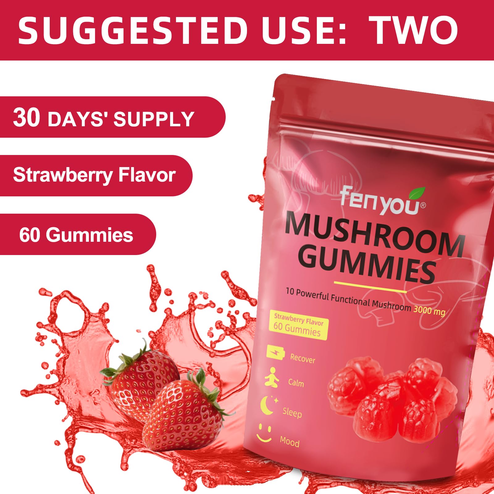 Strawberry vegan packaging with 60 count and vegan labeling