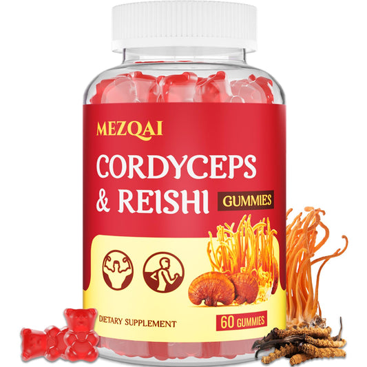Bottle of mushroom gummies featuring Cordyceps and Reishi imagery