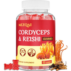 Bottle of mushroom gummies featuring Cordyceps and Reishi imagery