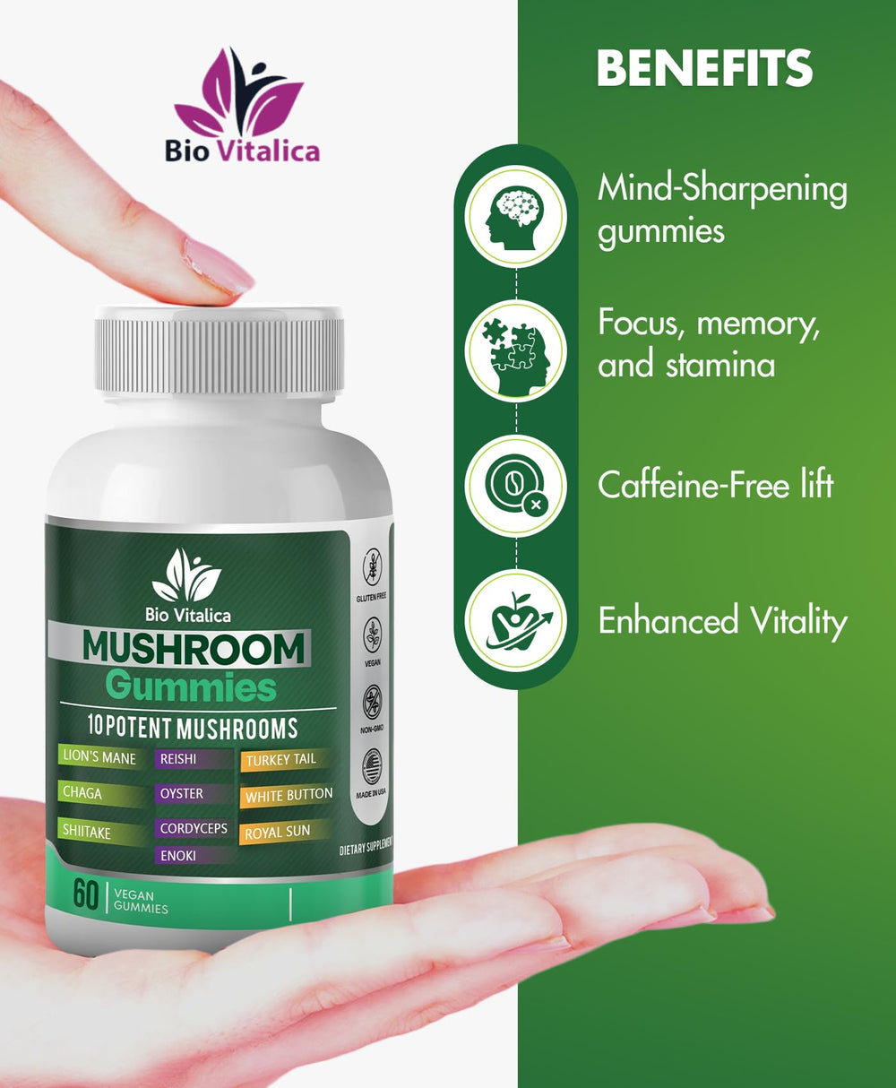 Ingredients list showing 10 mushrooms including Lion’s Mane and Reishi