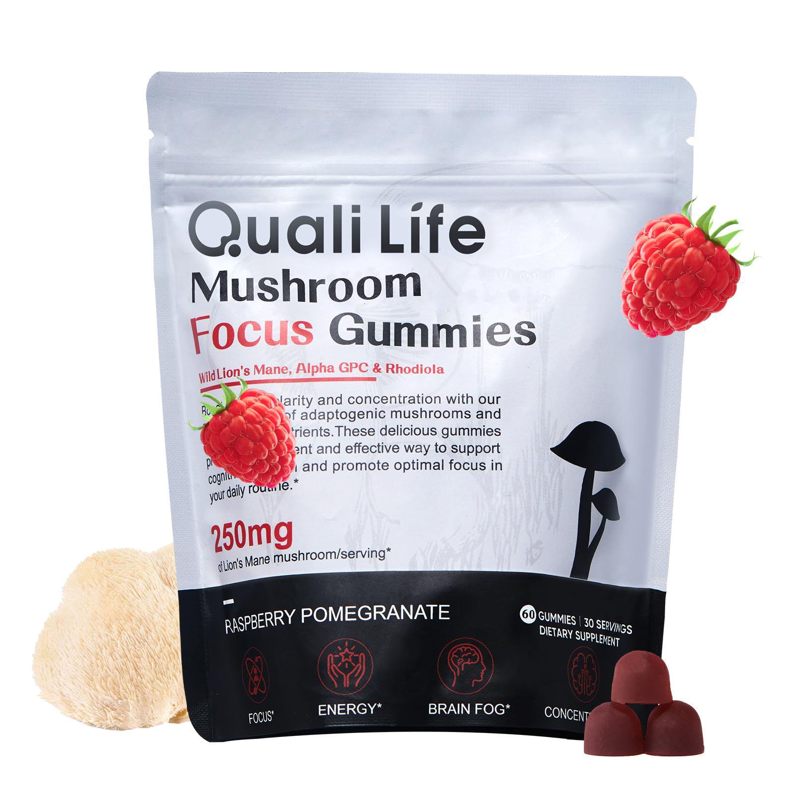 Close-up of mushroom gummies with Lion's Mane and raspberry-pomegranate flavor