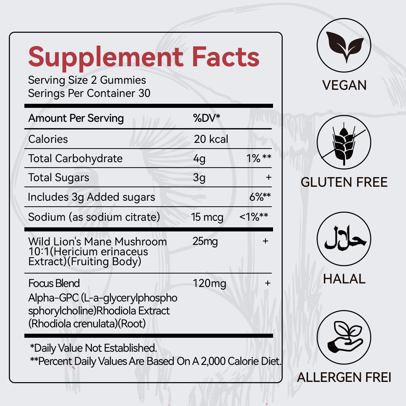 Two raspberry-pomegranate mushroom gummies with Lion's Mane for focus