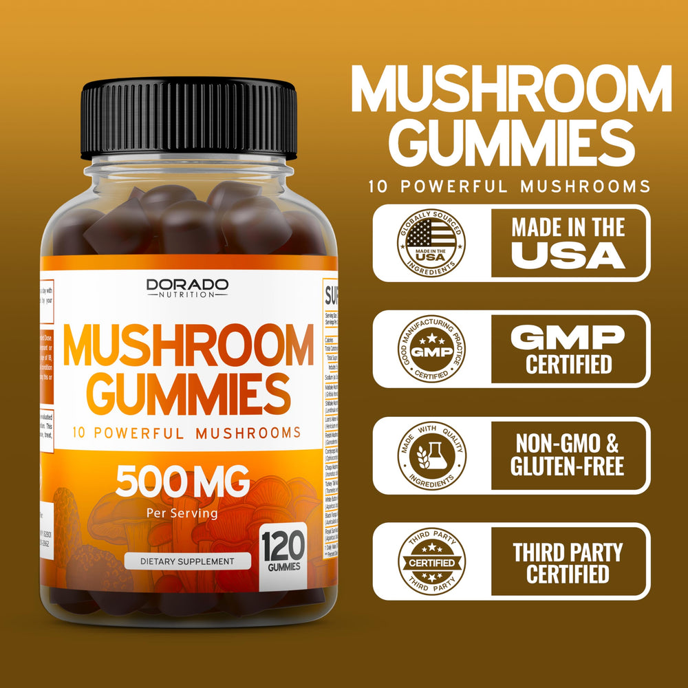 USA-made, third-party tested label on mushroom gummies packaging