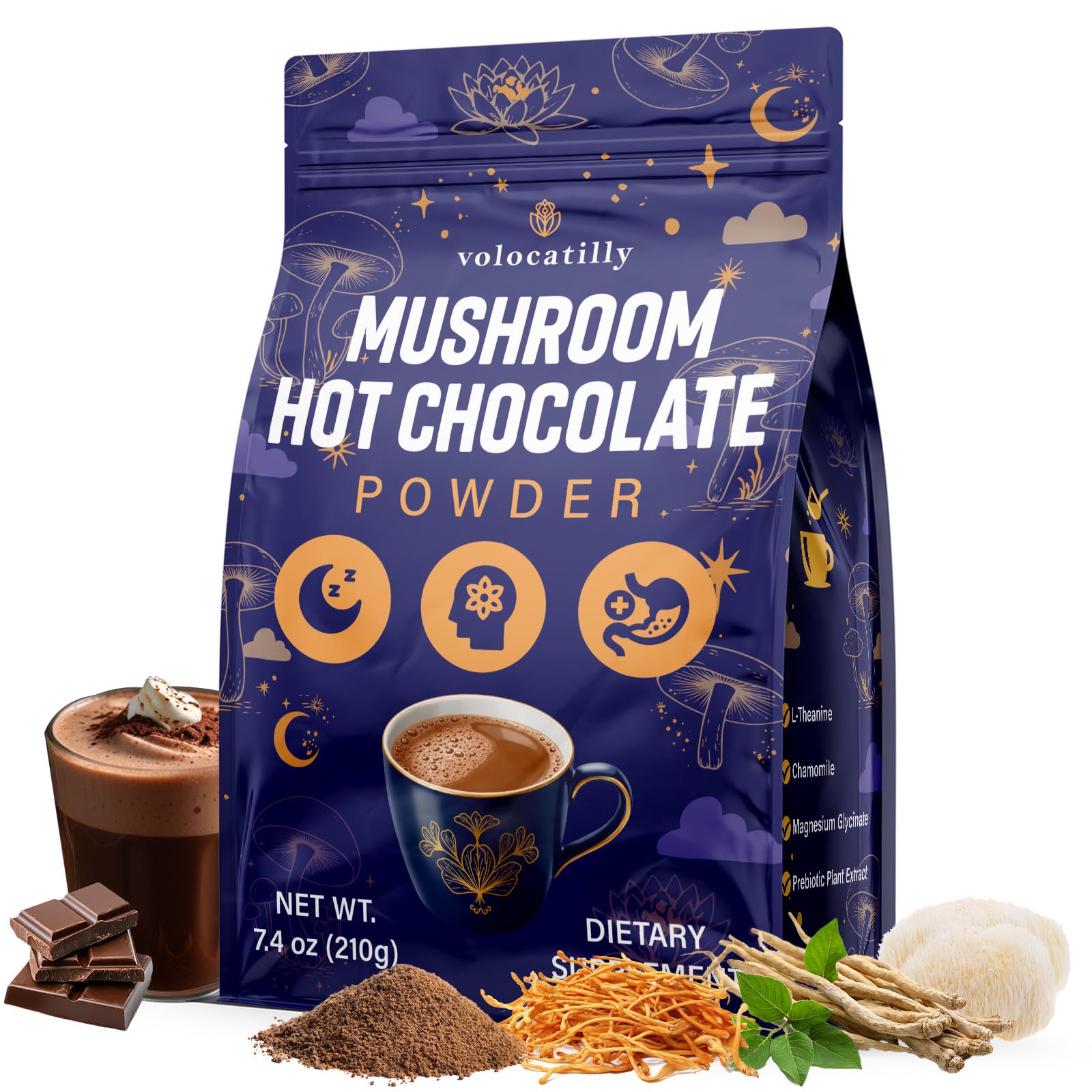Front packaging of Mushroom Hot Cocoa with Magnesium Glycinate and Reishi