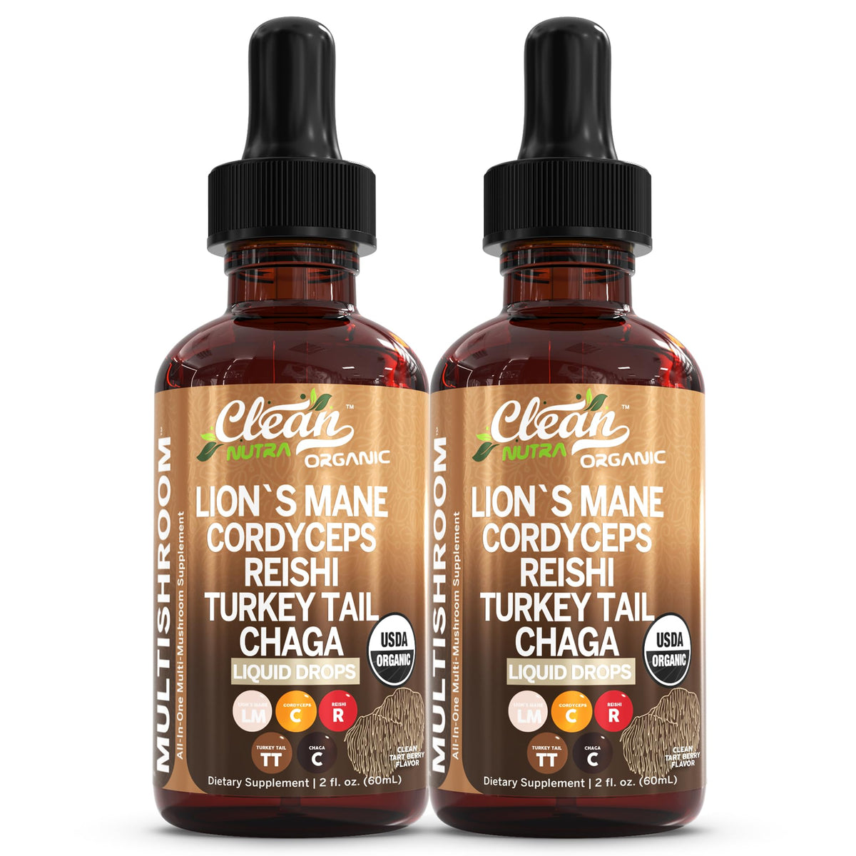 Product image showcasing Mushroom Liquid Drops with Lion's Mane and multiple mushrooms in the blend