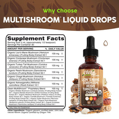 Close-up of the mushroom liquid drops bottle highlighting the blend