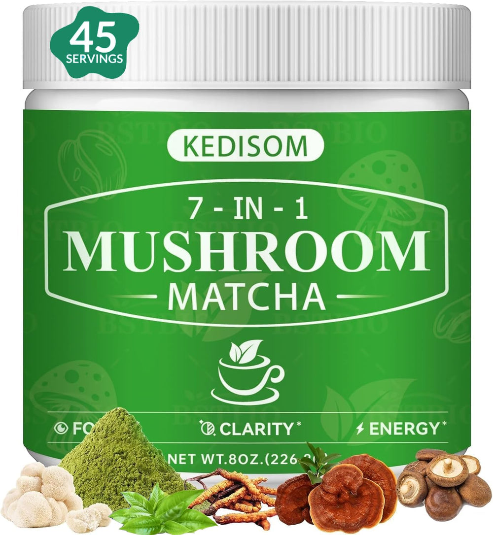 Mushroom Matcha Adaptogenic Blend bottle label with 45 servings