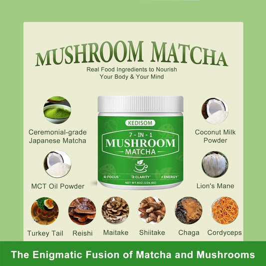 Close-up of mushroom blend with ceremonial-grade matcha powder
