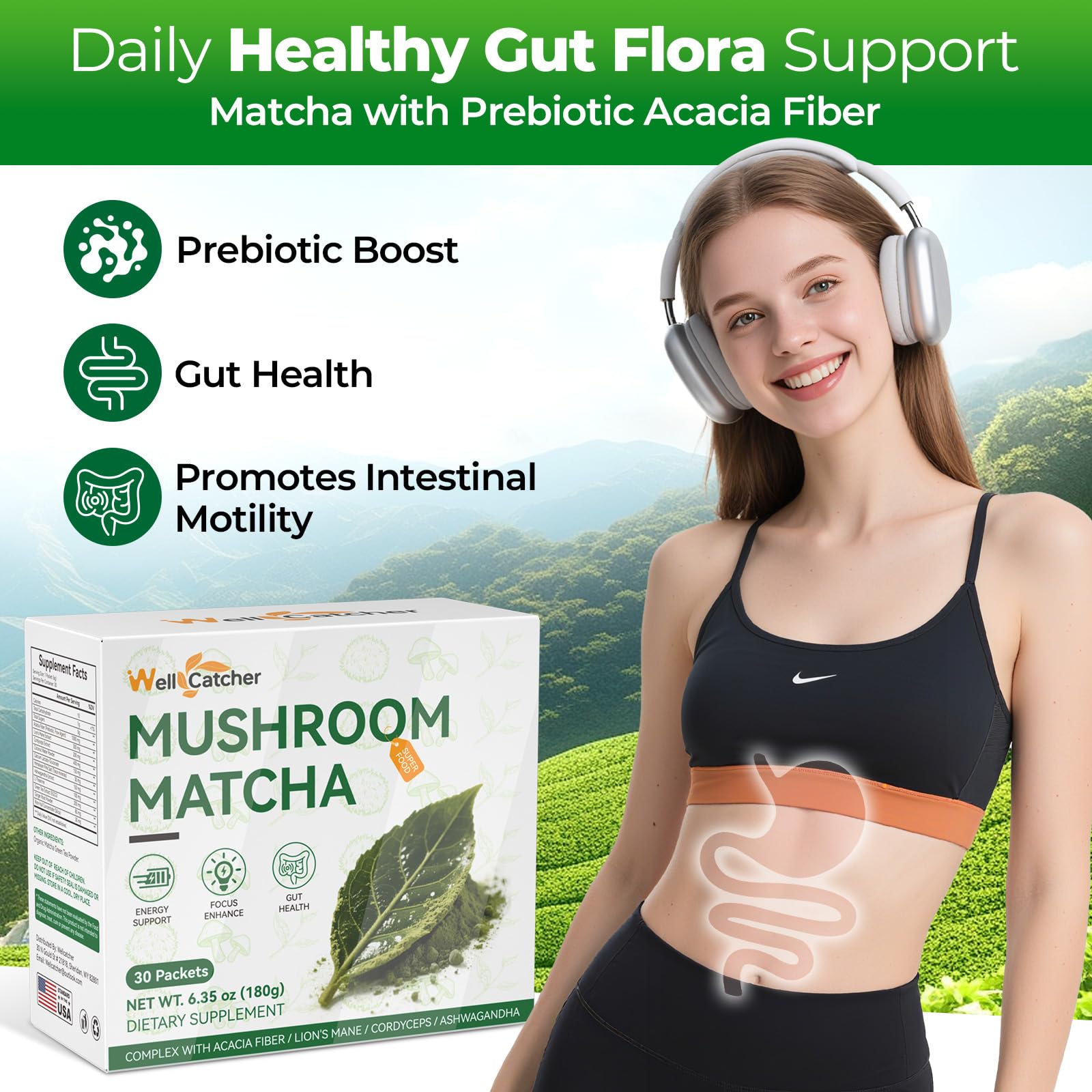 Mushroom matcha powder with prebiotic Acacia Fiber